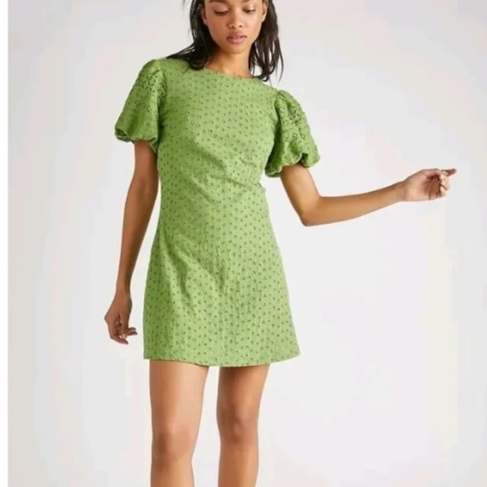 Free People Apricot Rose Eyelet puff sleeve open back GREEN mini dress M
